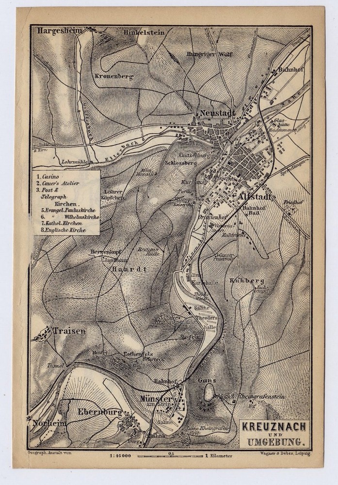 1896 Antique Map Of Vicinity Of Bad Kreuznach / Rhineland-Palatinate / Germany