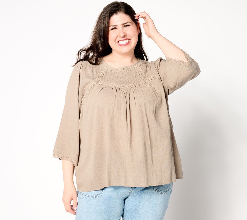 LOGO by Lori Goldstein Women's Top Sz M Sleeve Woven Lace Trim Brown A648227