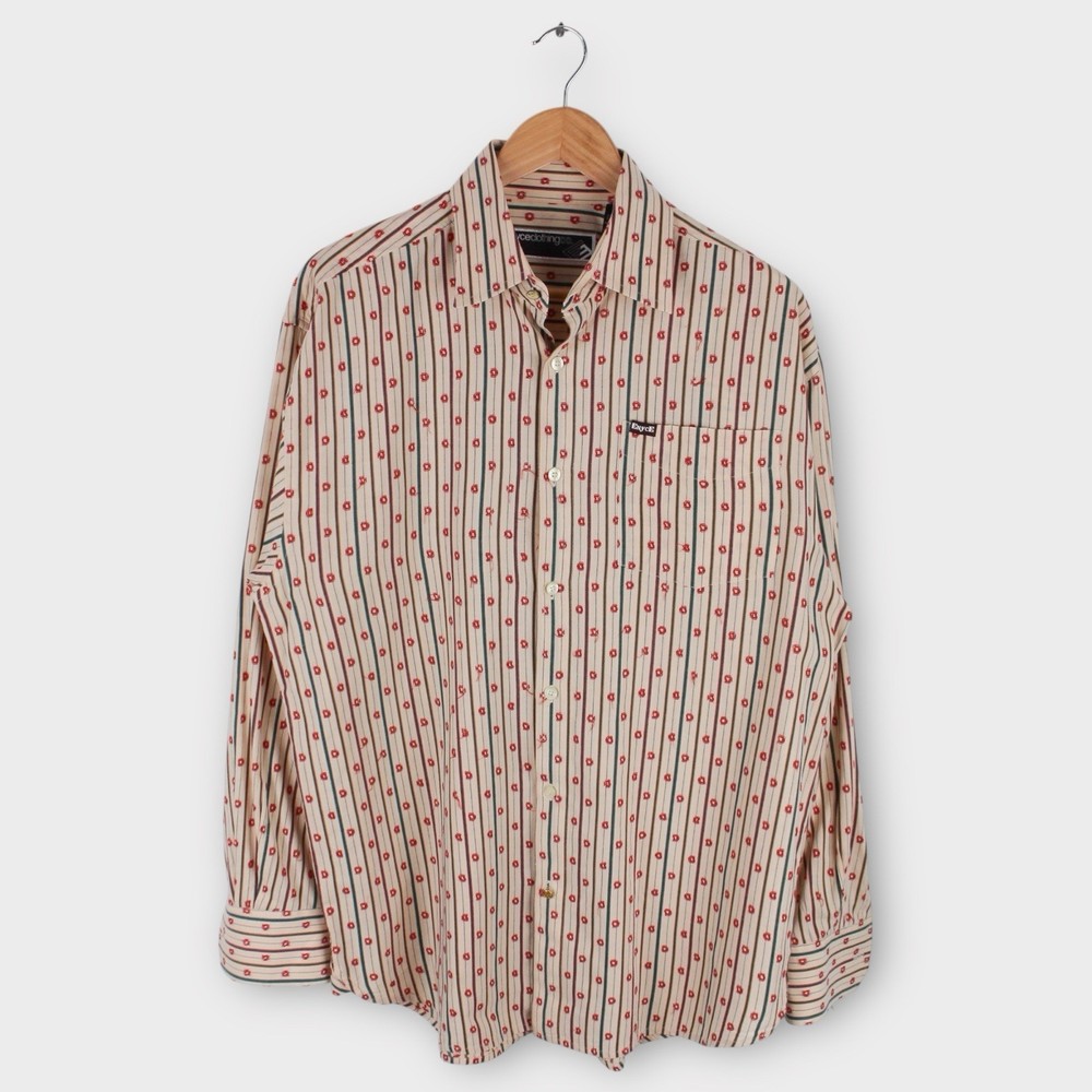Enyce Clothing Co Men’s Button Up Shirt Cream Red Stripe Pattern Cotton Size L
