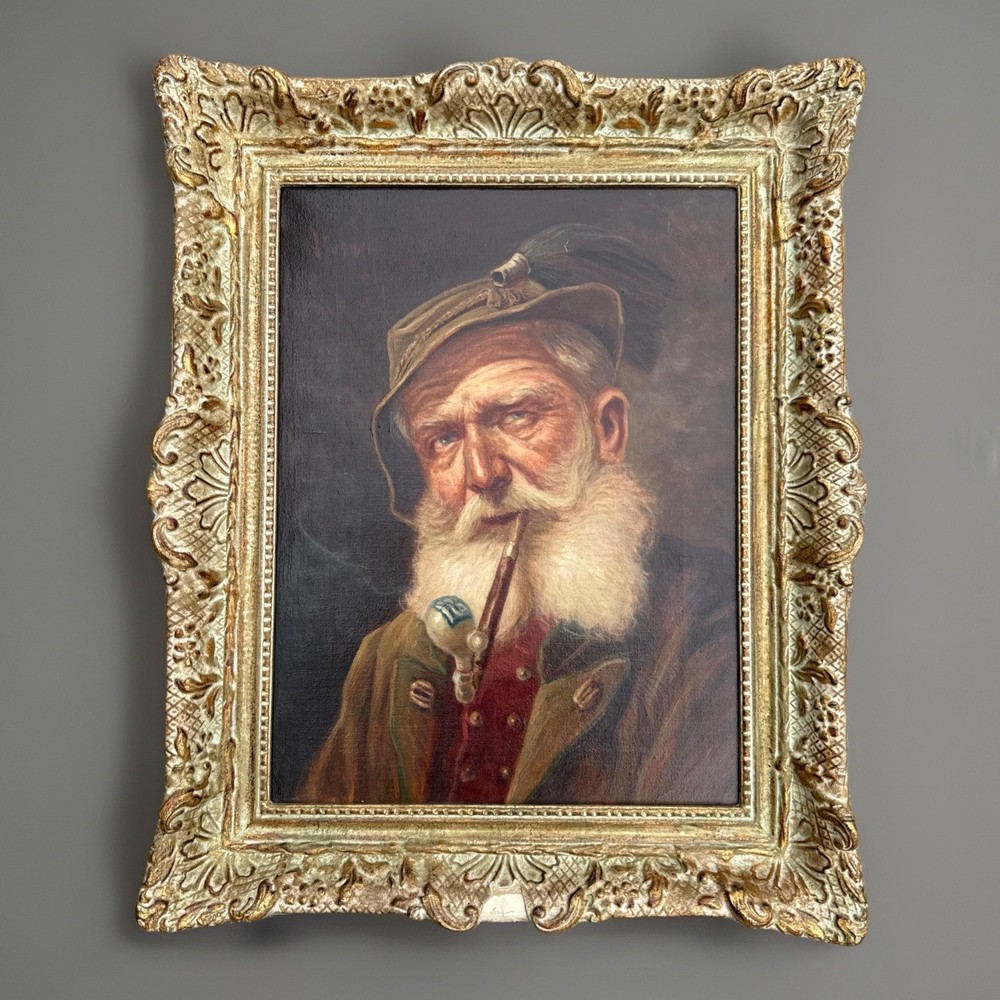 Antique German Robert Emil Stubner Man w/ Pipe Portrait Oil Painting On Canvas