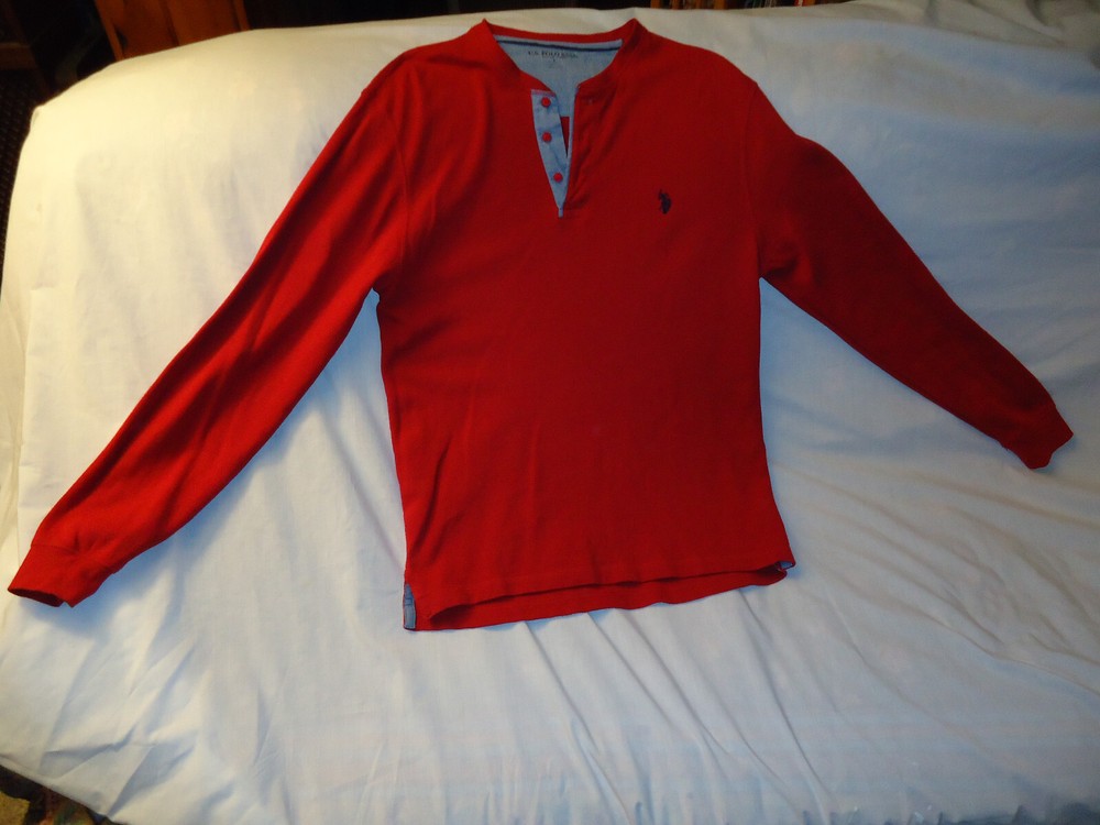 US Polo Assn Men's Red Cotton Long Sleeve Henley Shirt