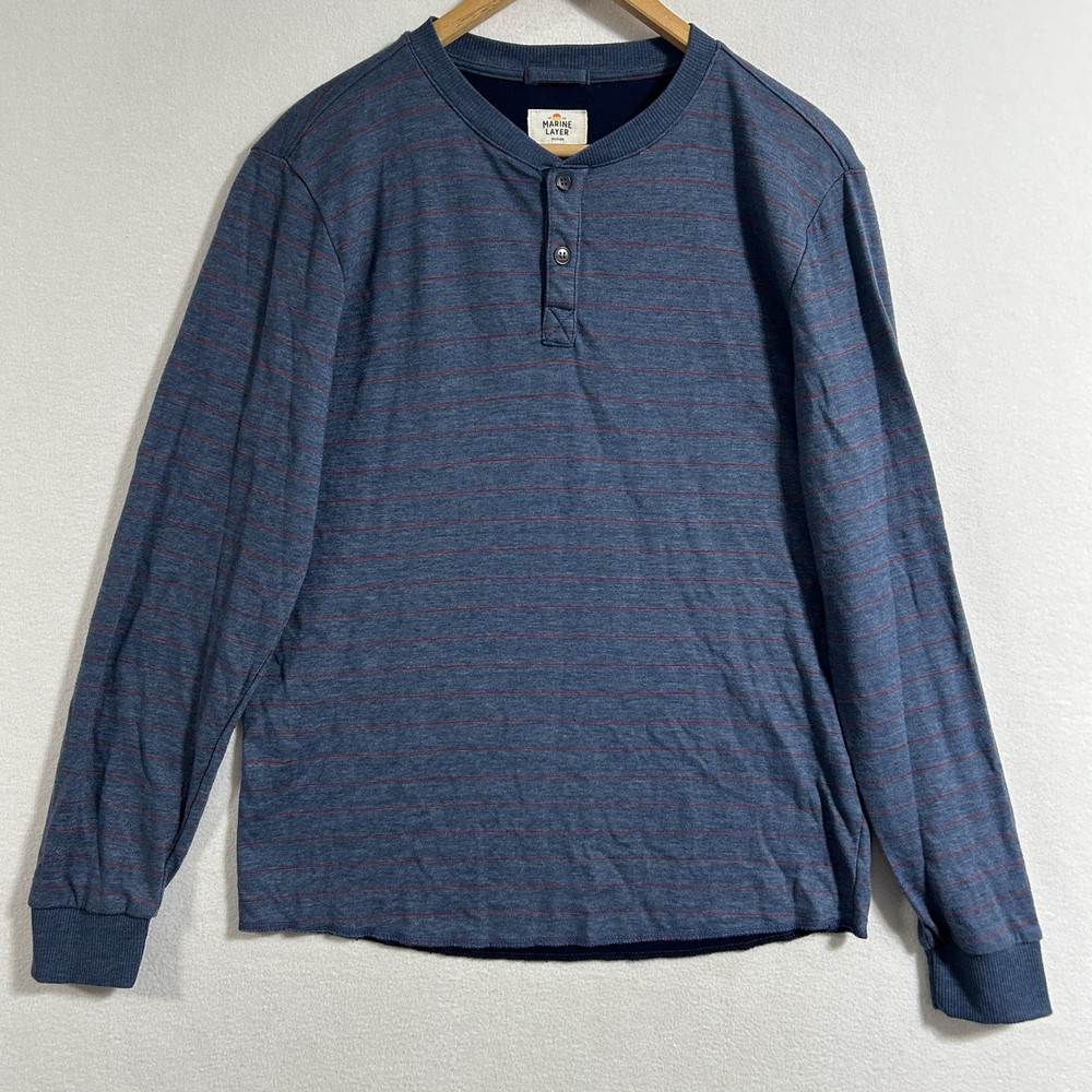Marine Layer Men M Double Knit Henley Shirt Blue Stripe Long Sleeve Soft Outdoor