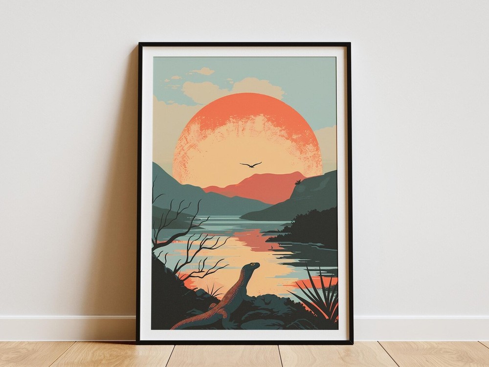 Komodo Dragon Indonesia Sunset Minimalist Art Print Travel Poster National Park