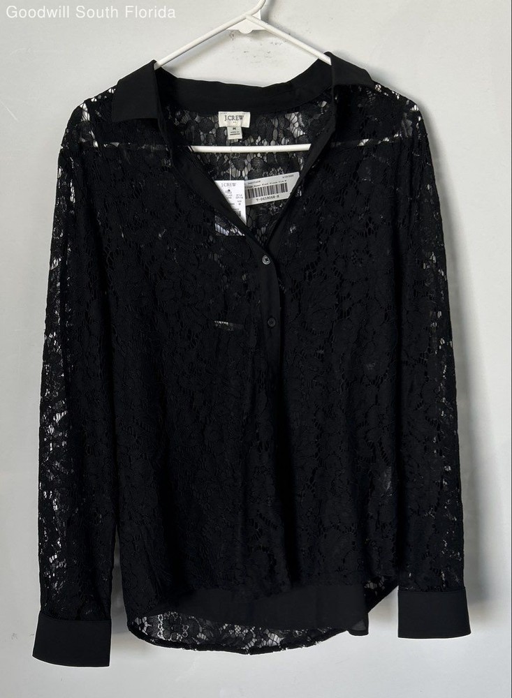 J.Crew Womens Black Long Sleeve Point Collar Button Front Blouse Top Size Medium