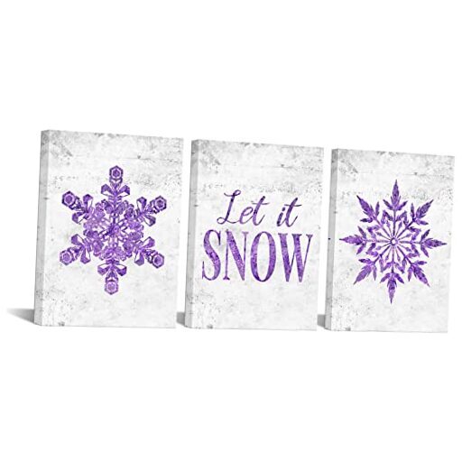 3 Piece Purple Canvas Wall Art Abstract Snowflakes with Snow Quotes Painting-image