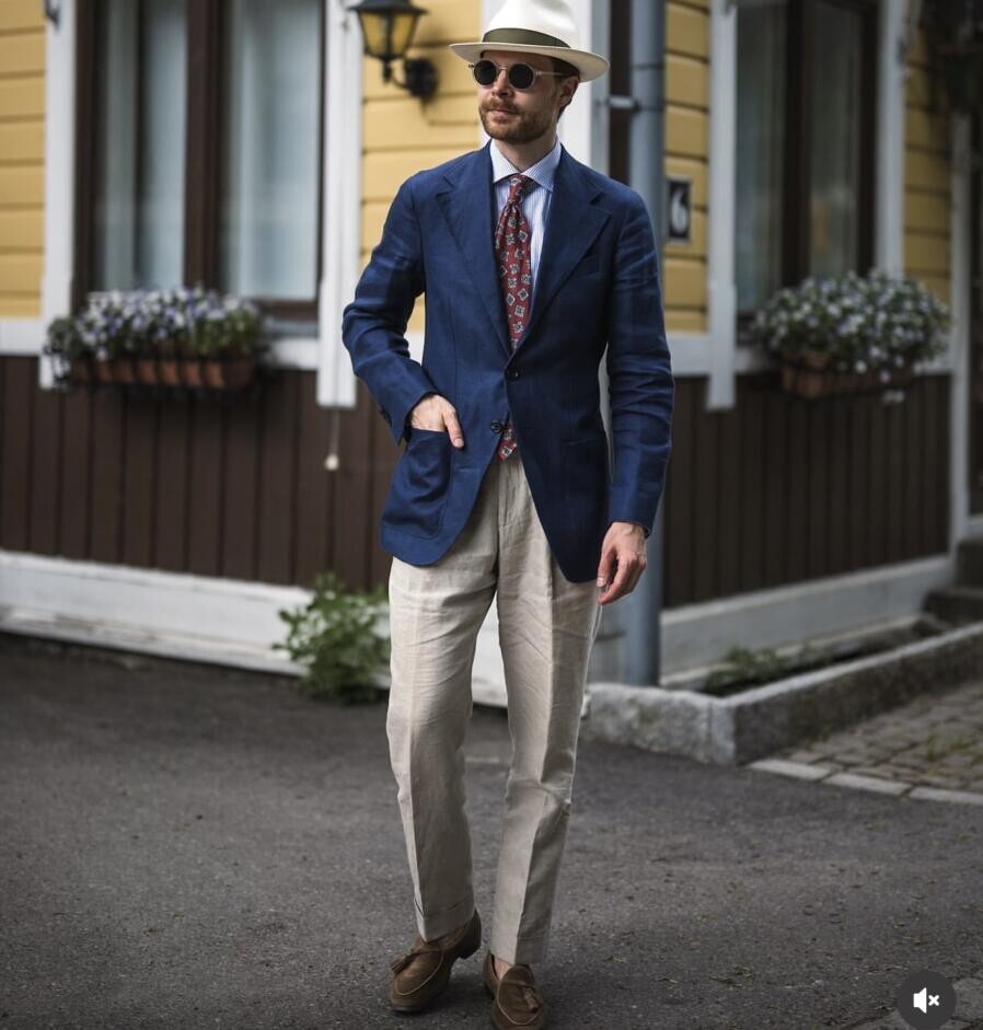 Navy Linen Men's Suit Summer Leisure Slim Fit Blazer Pants Groom Wedding Tuxedos