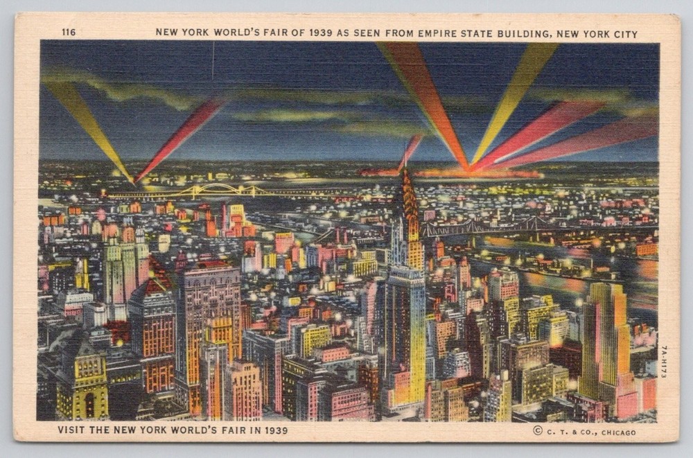 1939 NY World's Fair Night View Empire State Bldg NYC Curt Teich Postcard