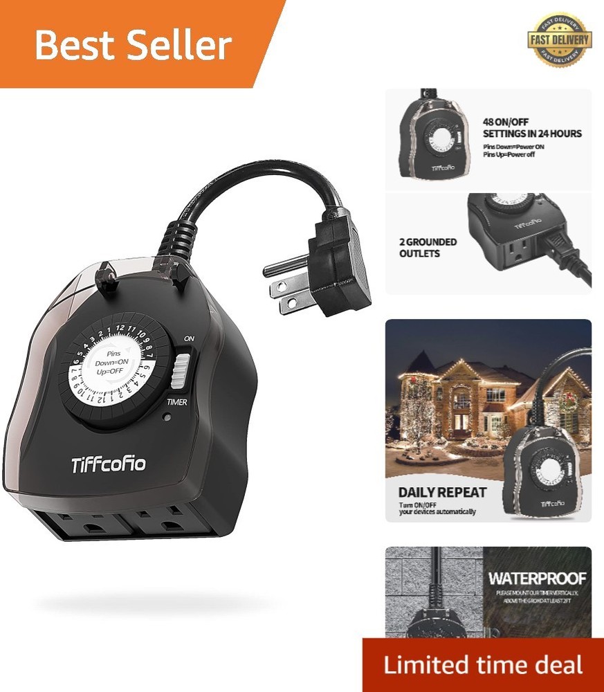 Outdoor Timer Outlet, 24 Hour Mechanical Outdoor Timer for Pool Pump, Outdoor...