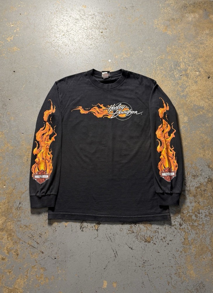 Vintage 2008 Harley Davidson Flame Sleeve Black Long Sleeve Graphic Shirt-Size M