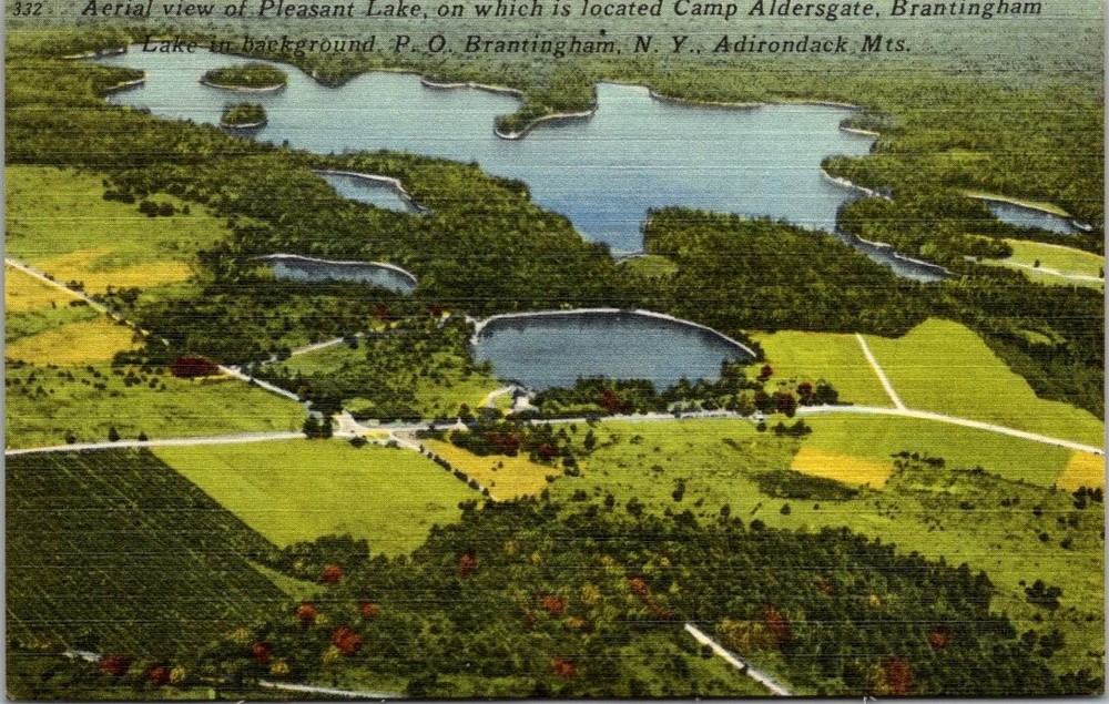 Aerial Pleasant Lake Camp Aldersgate Brantingham NY Adirondacks 1940s Postcard