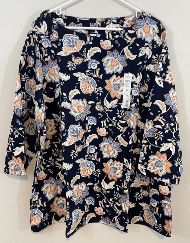 Croft Barrow shirt Top womens 3X boatneck navy blue Floral 3/4 Slv NEW peach