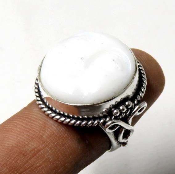 White Carved Moon Face 925 Sterling Silver Plated Handmade Jewelry Ring Size 6