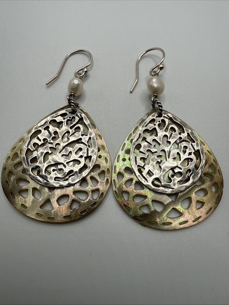 Vtg Indonesia Silpada 925 Sterling Silver Nacre?Dangle Drop Earrings.10.5 Grams.