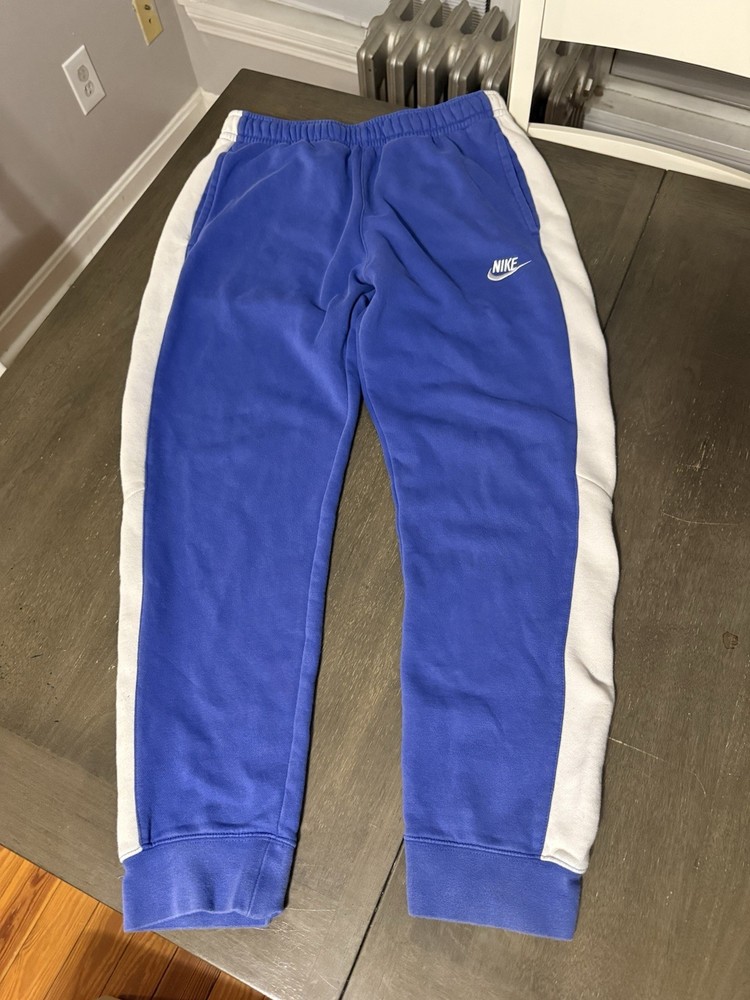 Nike Men's Blue White Fleece Sweatpants M Tapered Drawstring Elastic Waist