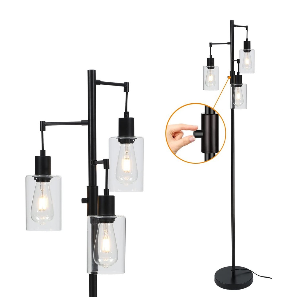 3 Lights Tree Floor Lamp, Industrial Floor Lamp for Living Room Bedroom, Blac...