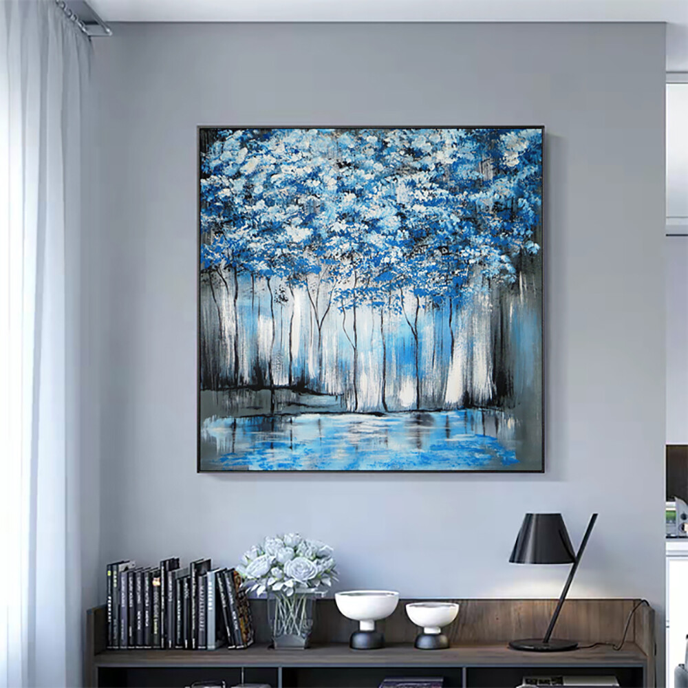 Pure Hand-Painted Nordic Abstract Oil Painting Blue Forest Wall Art Living Room-image