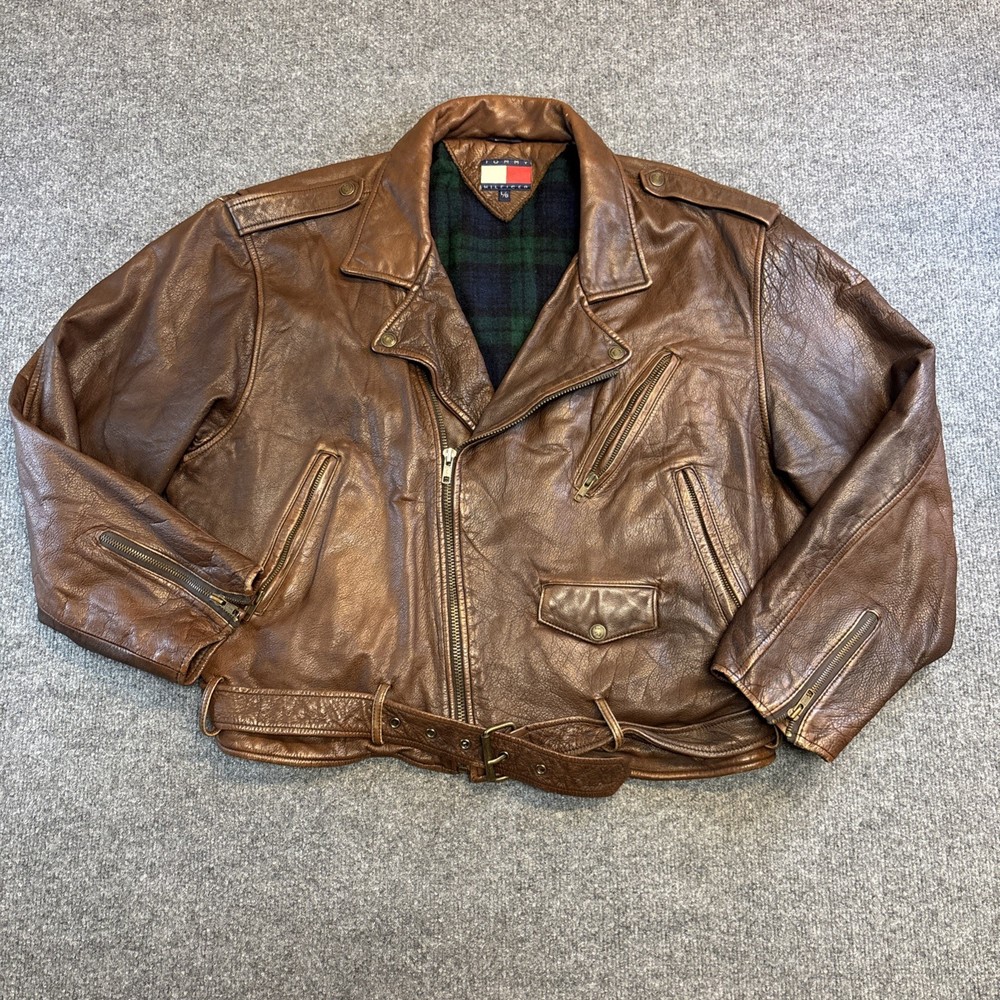 Vintage Brown Tommy Hilfiger Leather Motorcycle Biker Jacket Med Large Pockets
