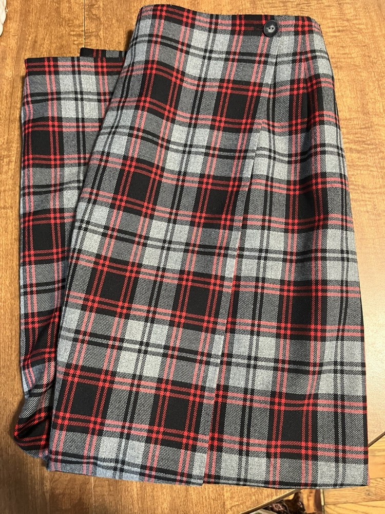 Susan Bristol Women's Midi Skirt Red Gray Black Plaid Pull On Size 8 Vtg Grunge