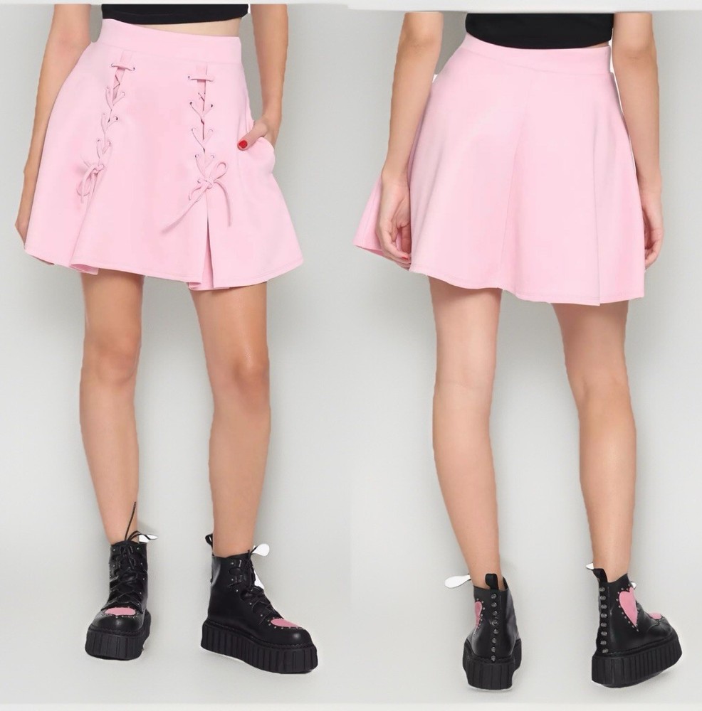 Hot Topic Pastel Pink Lace-Up Skirt Sz Small Mini Skater Ties Bows
