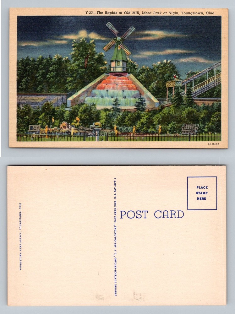 Youngstown, OH-Ohio, Idora Park Old Mill Rapids Night Vintage Postcard