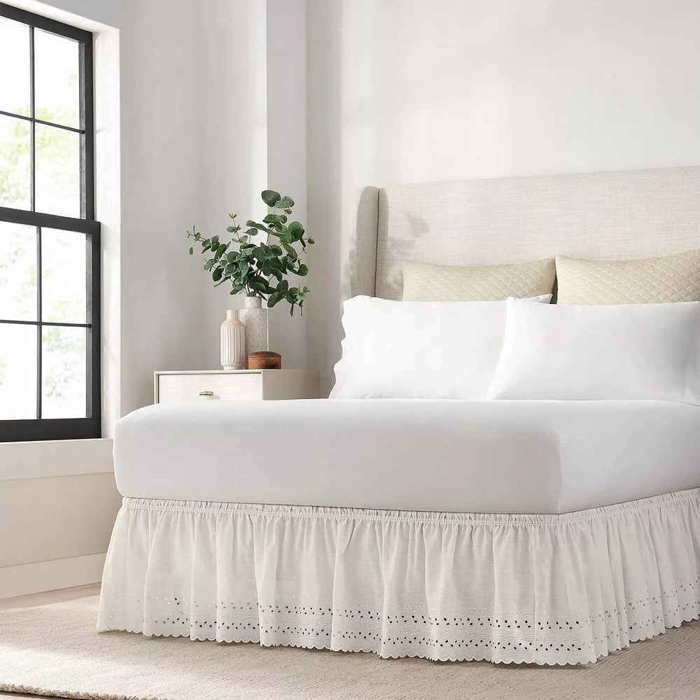 Eyelet Elastic Wrap Around Bed Skirt, Easy On/Off Dust Ruffle (18 Inch Drop),...