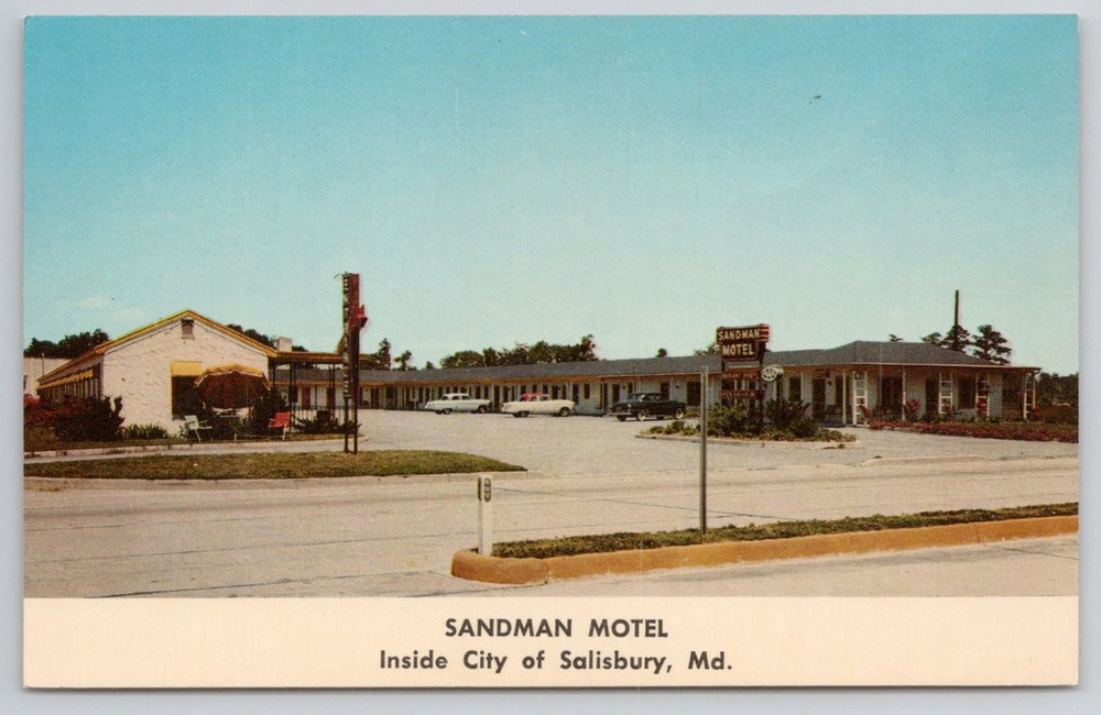 Vintage Sandman Motel Salisbury MD Postcard Dexter Press Homer H Brown Cars