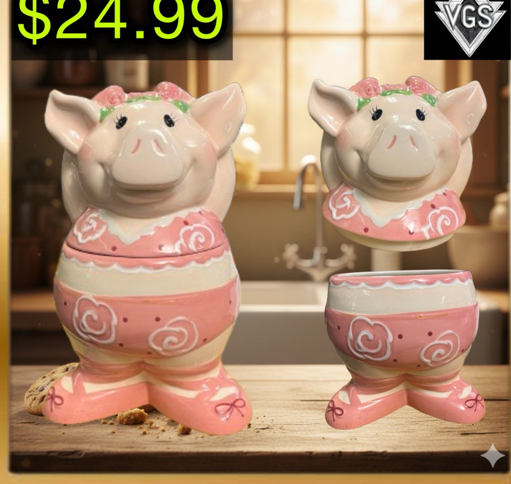 Pig Cookie Jar with Lid, Pink & White Ceramic/Porcelain Animal Canister Set