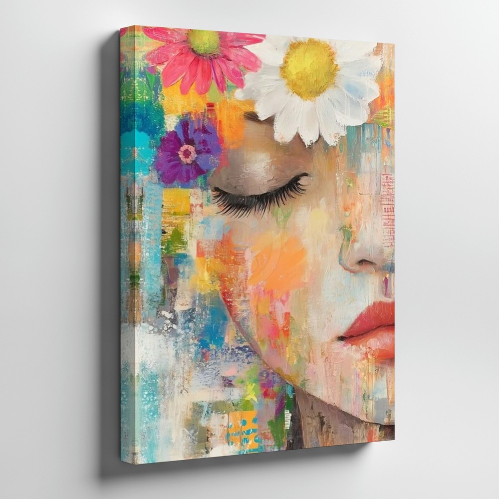 Abstract Woman Face With Flowers Colorful Modern Canvas Wall Art Print Home-image