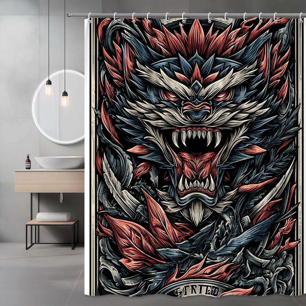 Shower Curtain Japanese Oni Mask Graphic Print Black Red Blue
