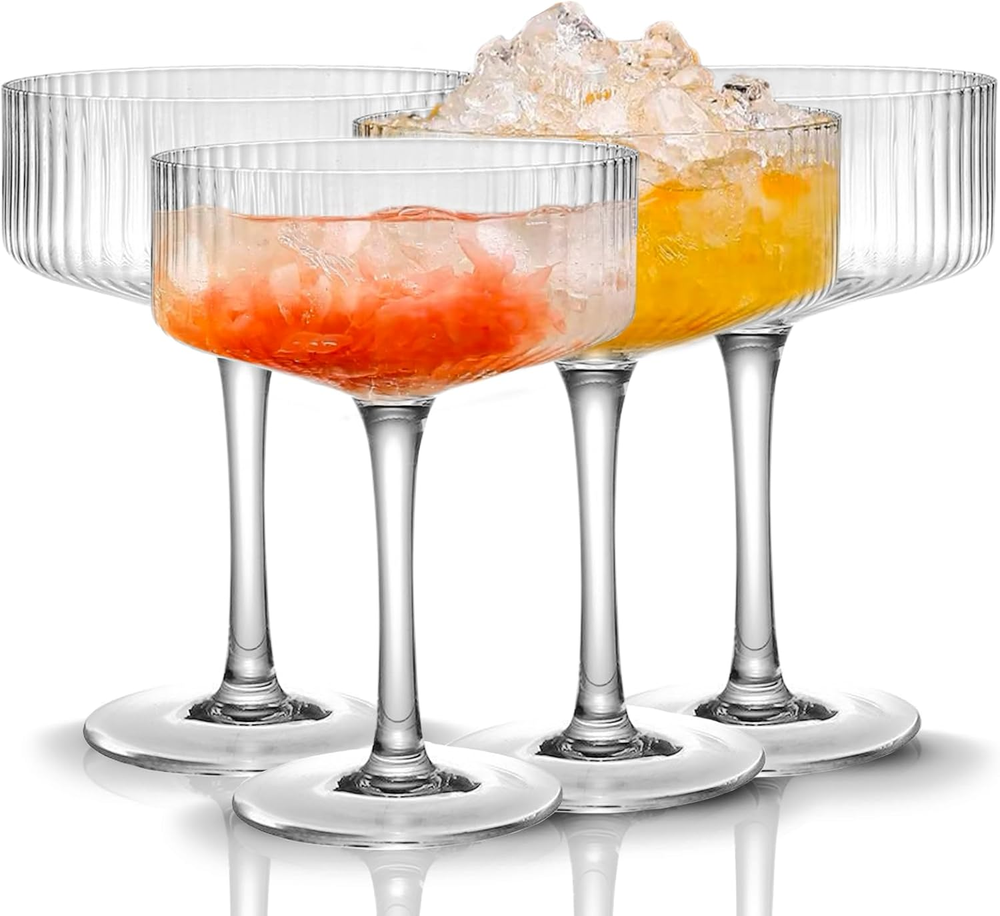 4pcs Vintage Ribbed 10oz Coupe Glasses for Martini Cocktail Champagne Bar Set