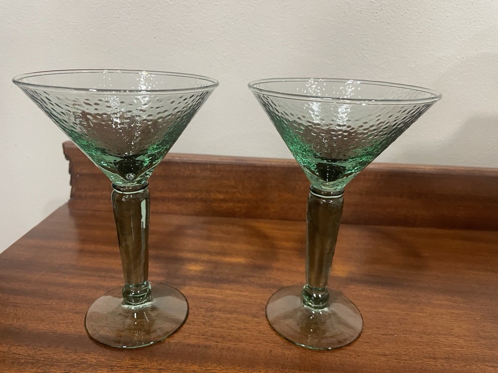 Vintage Pair of 7 Inch Light Green Pebbled Martini Glasses EUC