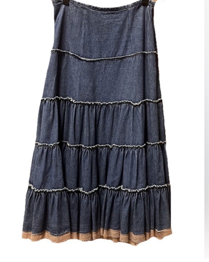 Vintage Mix Nouveau Denim Maxi Skirt Boho Western Lace Trim Soft Flowy XL