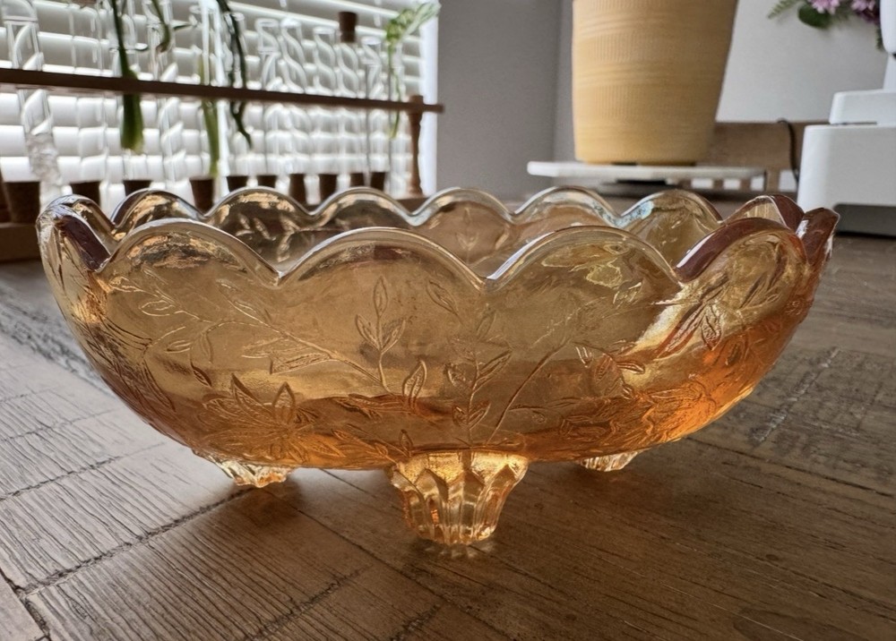 1950s Jeannette Floragold Louisa Marigold Peach Iridescent Carnival Glass w Feet