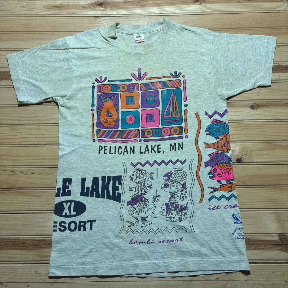Vintage 90s USA Body Building Stock Pelican Lake Test Print AOP Shirt Size Large