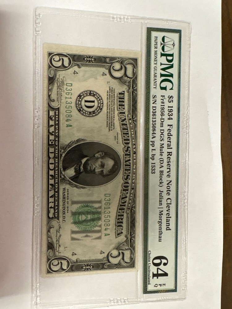 PMG 64 graded 1934 $5 federal reserve note mule