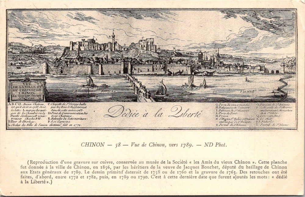 Dr Jim Stamps Postcard 1789 Copperplate Engraving Chinon France Creased Corner