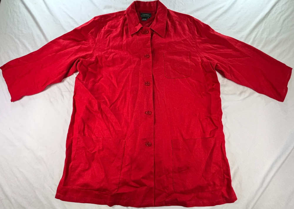 Ralph Lauren Blouse Womens Sz 1X Black Label 100% Linen Red Long Sleeve Shirt