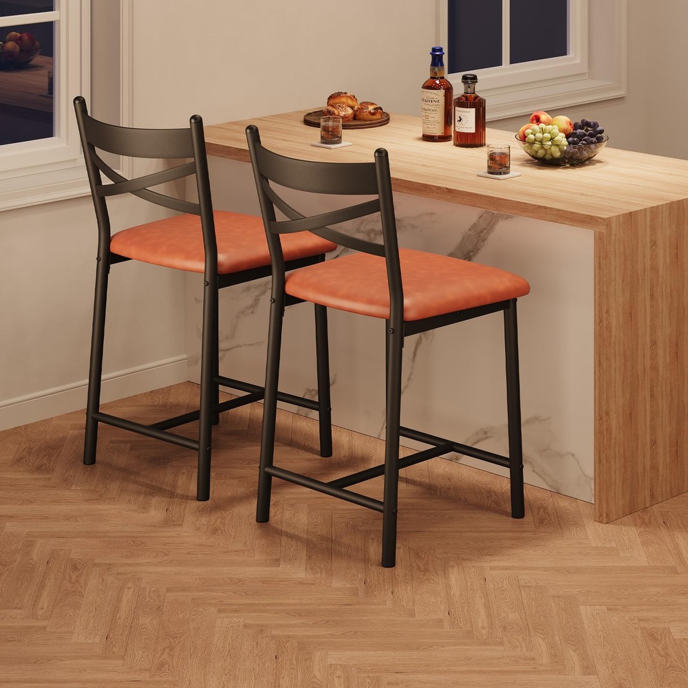 Set of 2 Modern Counter Height Bar Stools Bar Chairs with Backrest Metal Legs