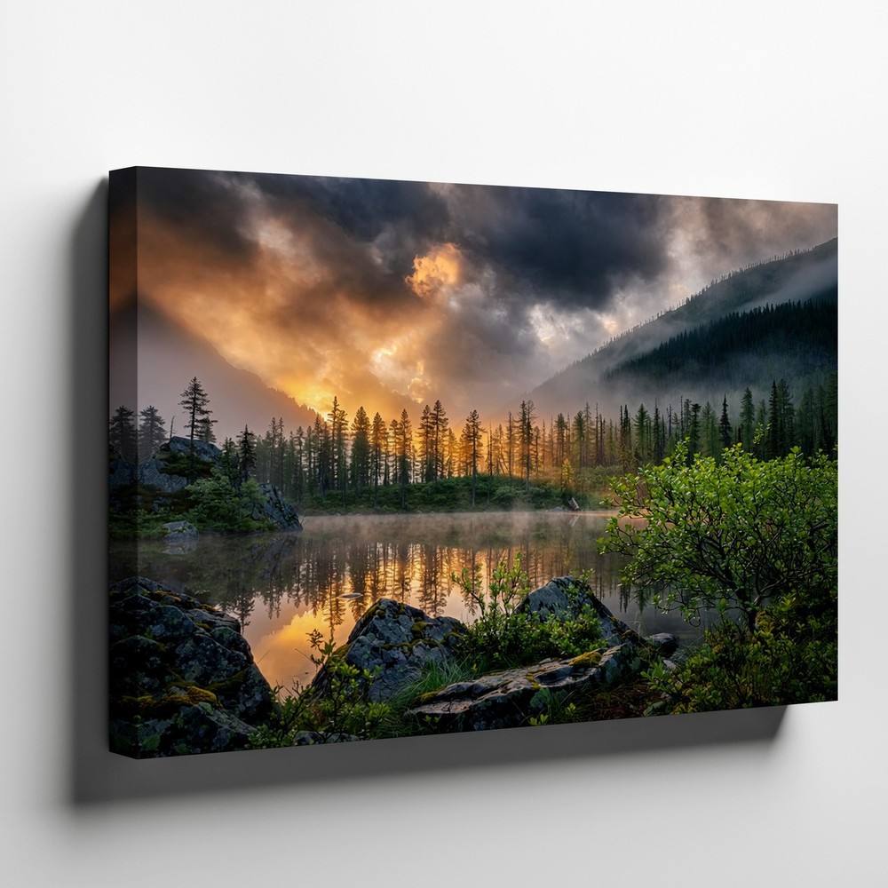 Sunset Mountain Lake Landscape Canvas Wall Art Nature Forest Reflection Print