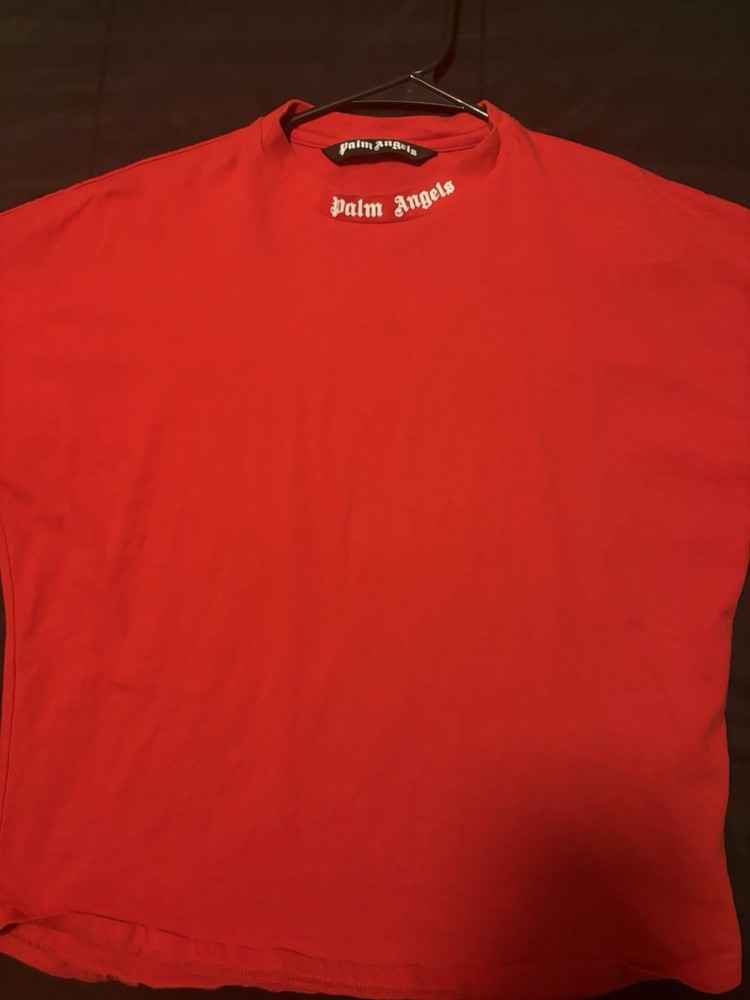 Palm Angels Men's Red/White Logo Cotton Jersey Crew Neck Short Sleeve T-Shirt