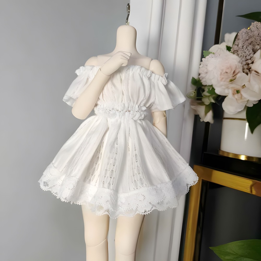 1/4 1/3 White Off-the-Shoulder Crop Top + Short Puff Skirt Fit BJD Doll Clothes