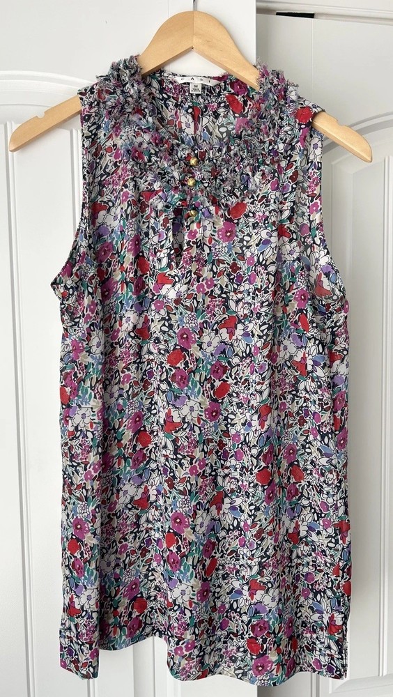 Cabi Liberty Floral Ruffle Neck Keyhole Sleeveless Blouse Top Women's M Boho