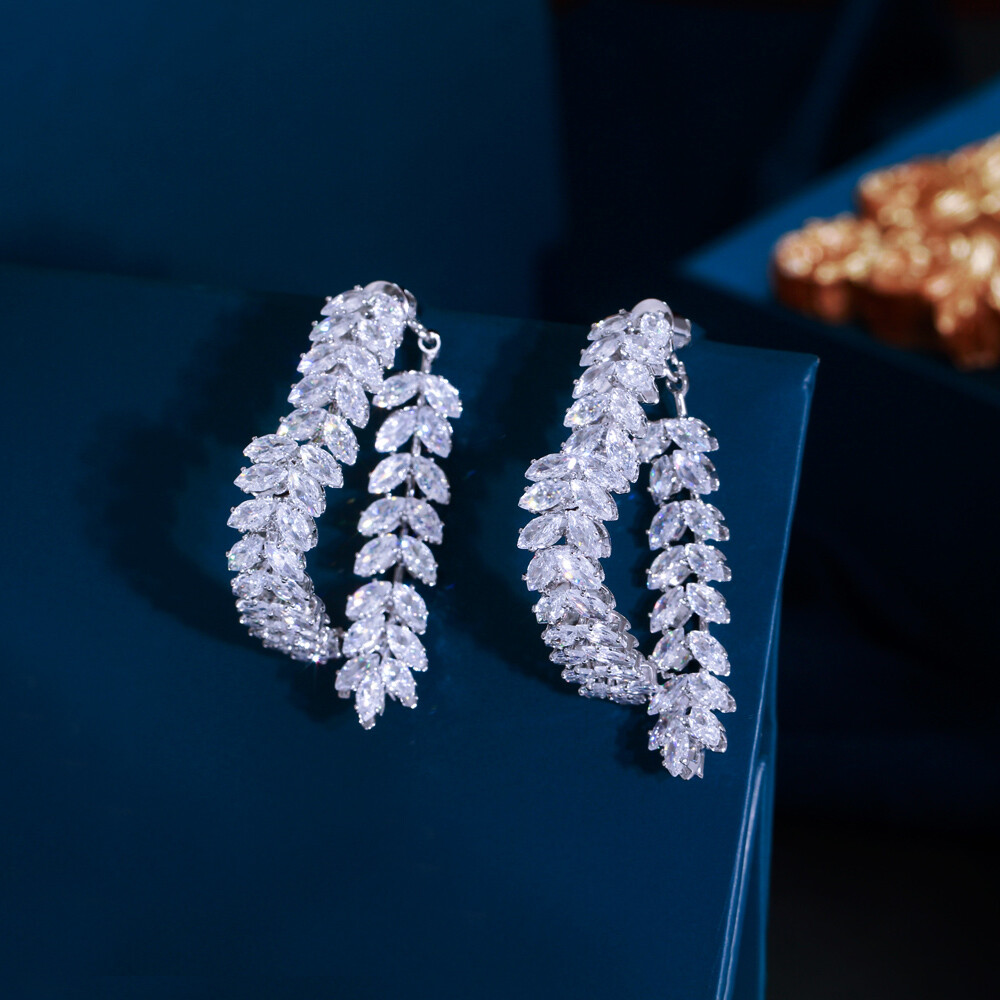 Silver Plated Cubic Zirconia White Austrian Crystal Leaf Dangle Drop Earrings