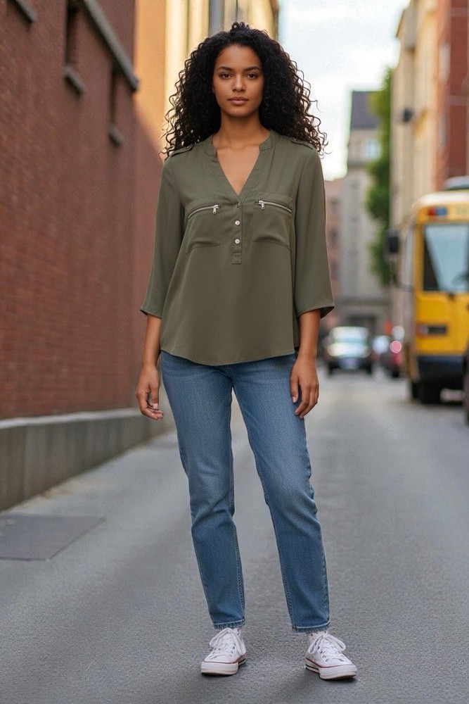 Wishful Park Women's Olive Green 3/4 Sleeve V-Neck Zipper Button Blouse S