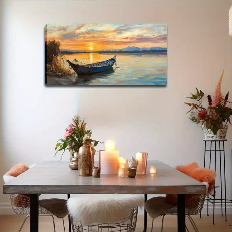 Serene Sunset Fishing Boat Canvas Art for Living Room Decor