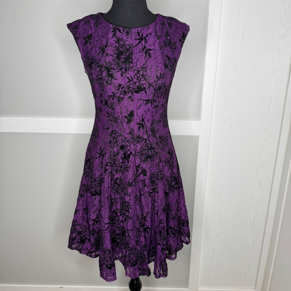 Danny and Nicole Purple Black Floral Lace Fit Flare Dress 2243 Womens Size 4