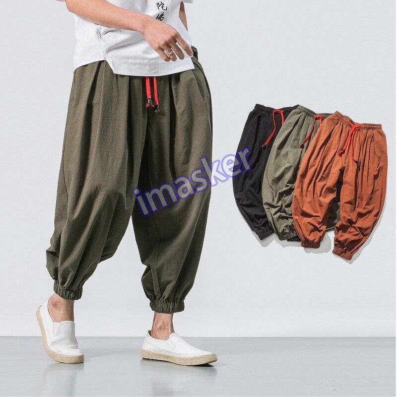 Men Loose Baggy Harem Pants Casual Linen Hippy Style Black Long Trousers  