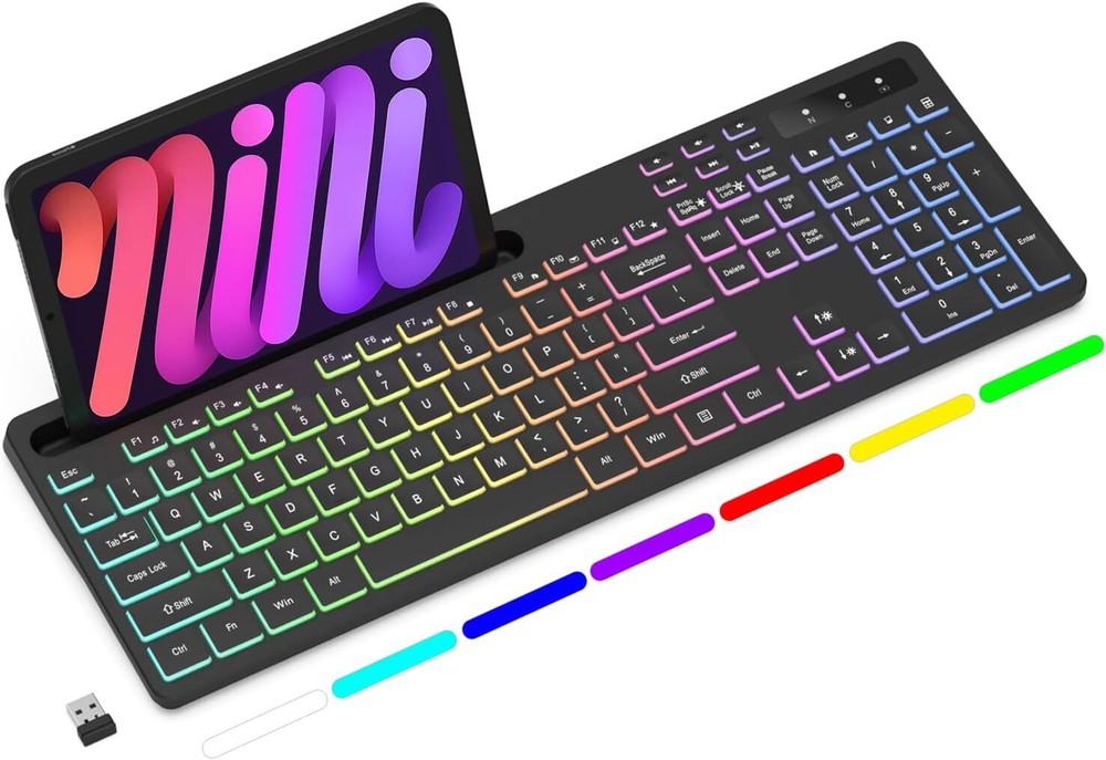 Wireless Keyboard 7 Color Backlit Full Size Computer Keyboard Phone Table