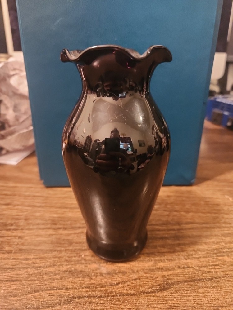 Black Amethyst Small Glass Vase with Scalloped Rim 6”