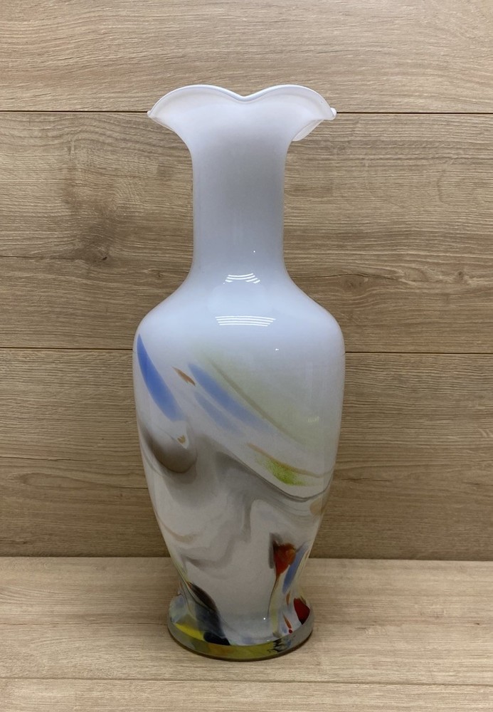 Vintage Murano Style Hand Blown Art Glass Vase Ruffled Lip Multicolor Swirl 14”